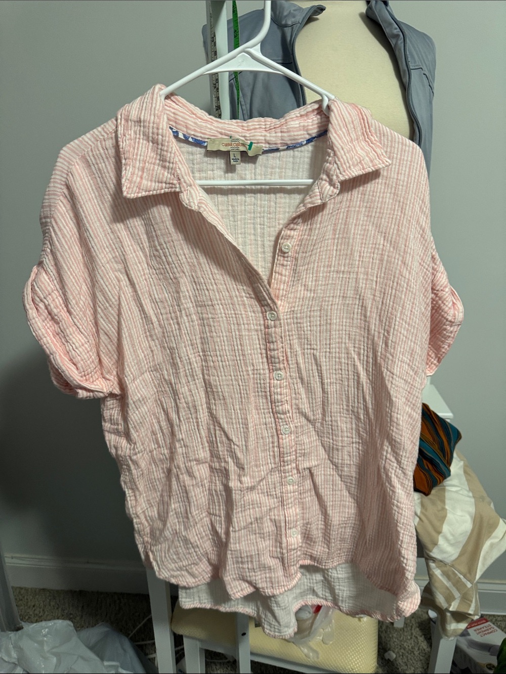 Light Pink Gauze Button-Down Shirt with Short Sleeves